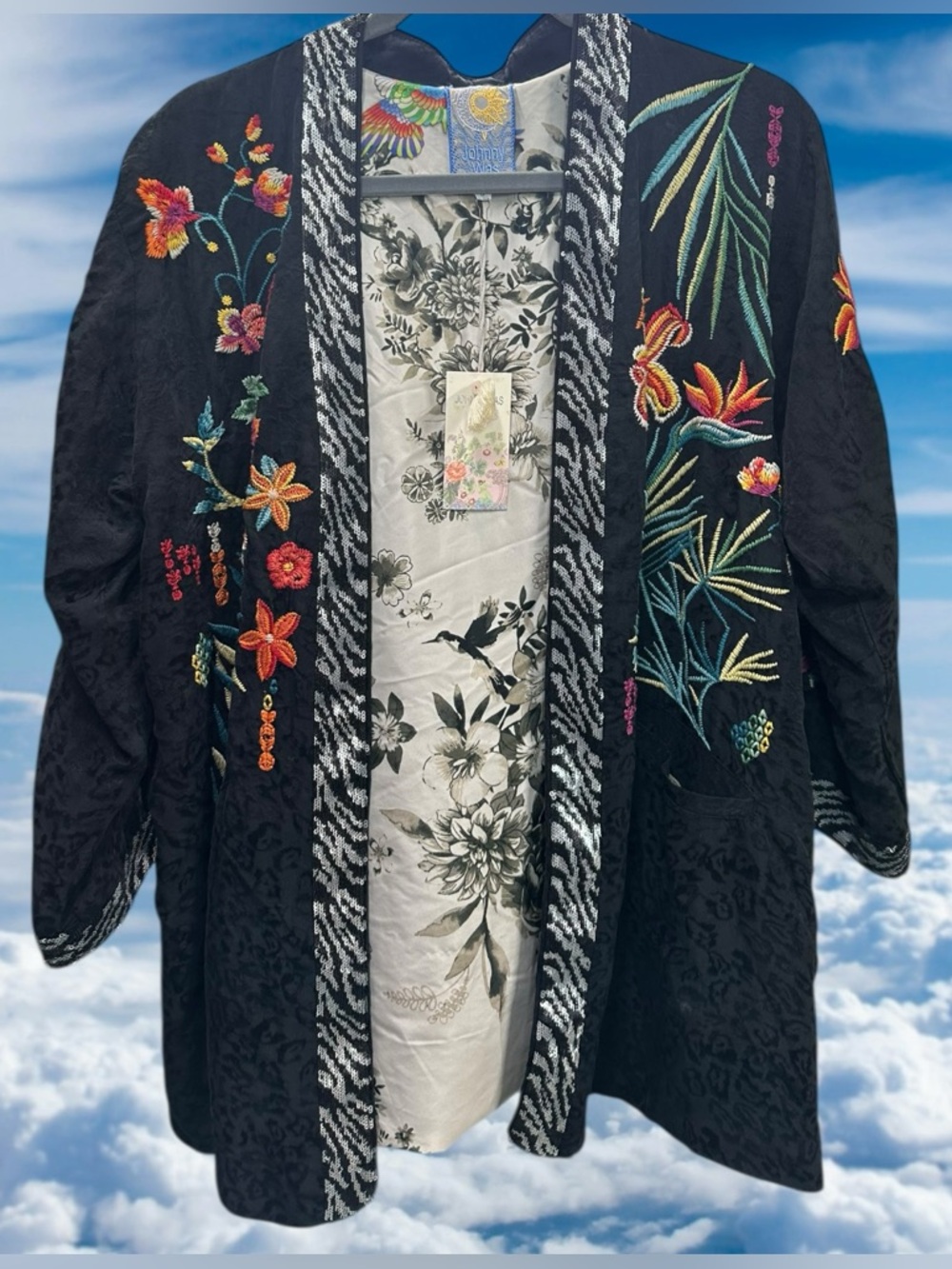 NEW Johnny Was Monica Kimono Sequin Tiger Floral Embroidery Black Jacquard Small - Picture 2 of 14